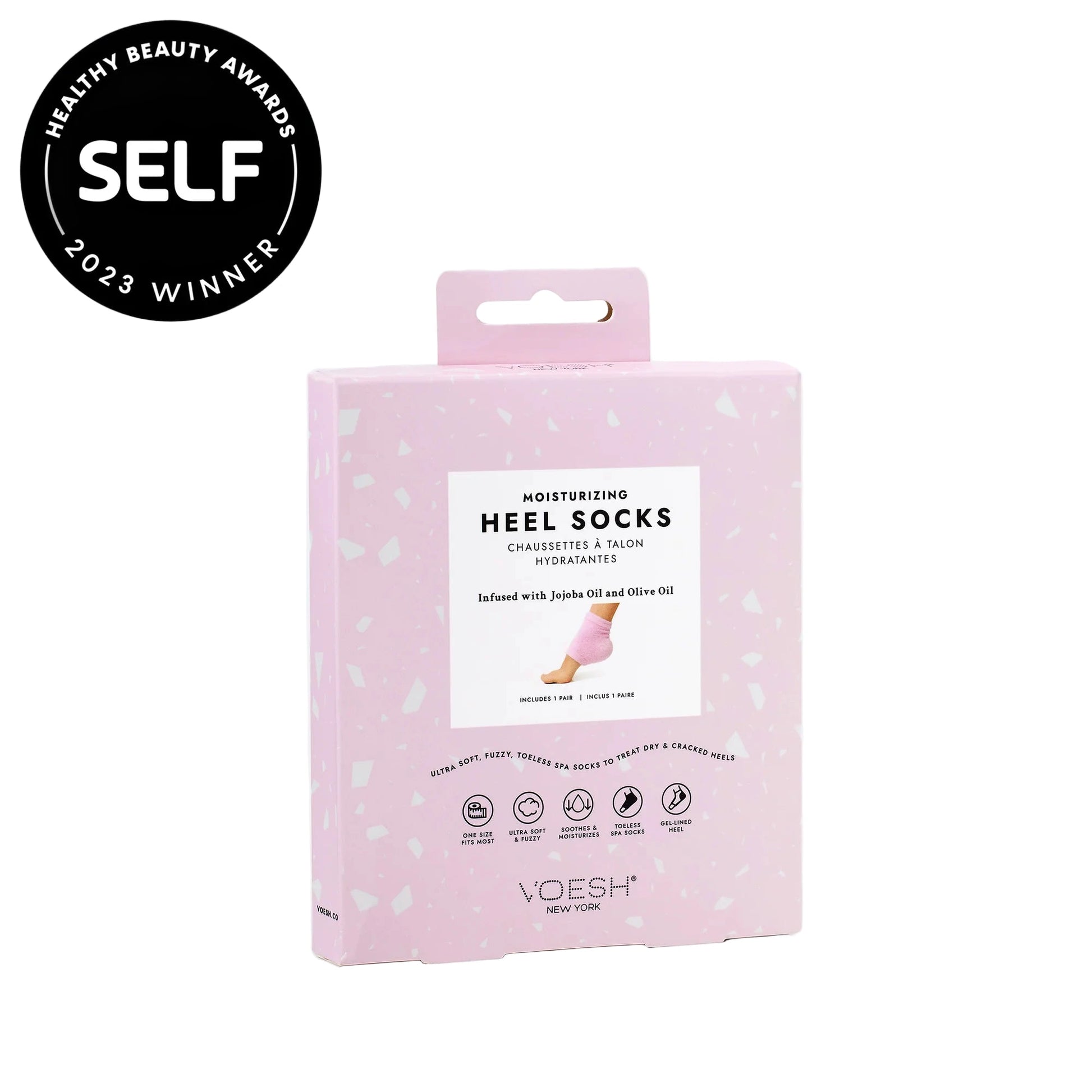 VOESH moisturizing heel socks packaging with SELF 2023 Winner badge on a white background