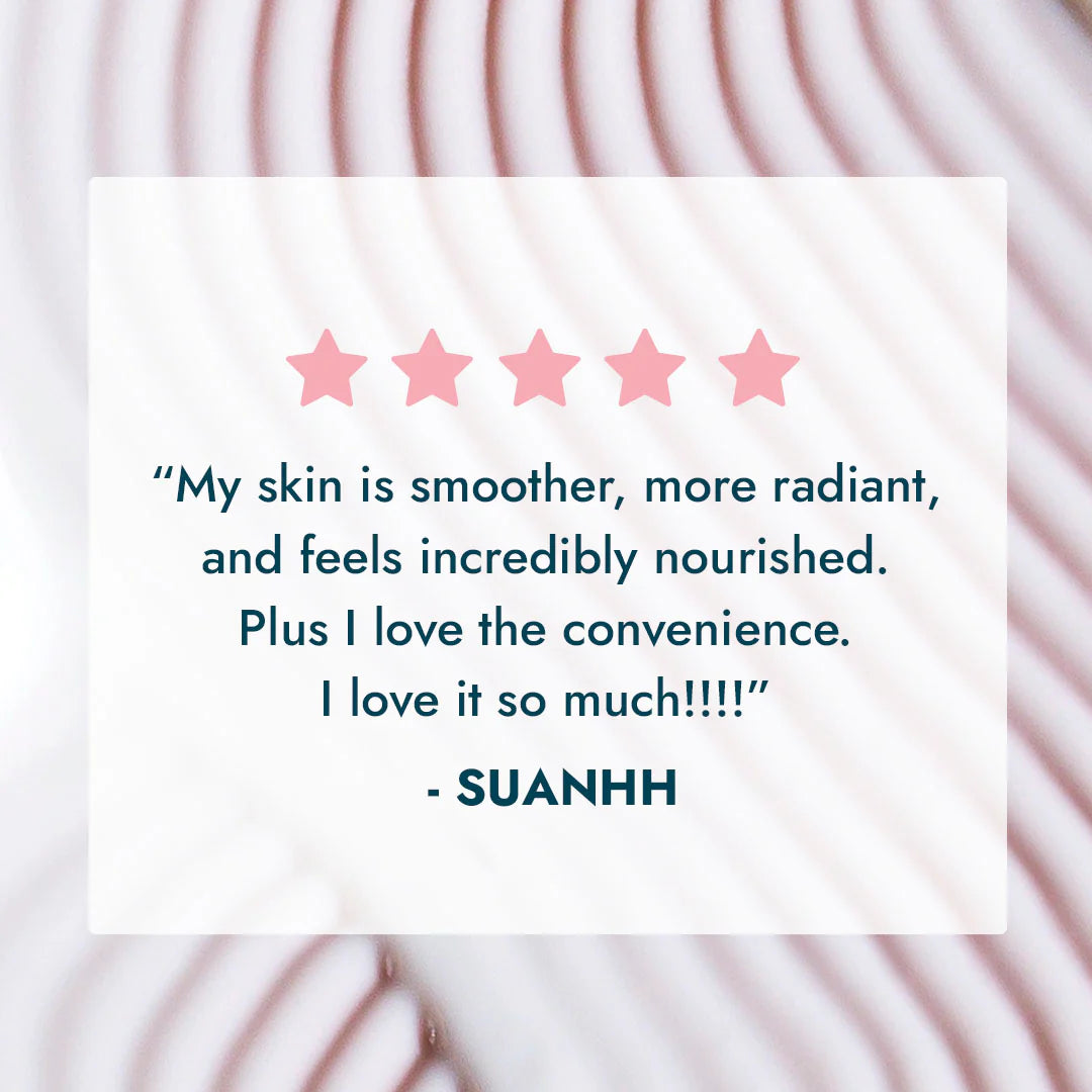 Product review with five pink stars and text on a blurred background