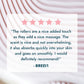 Product review with five pink stars and text on a blurred product background