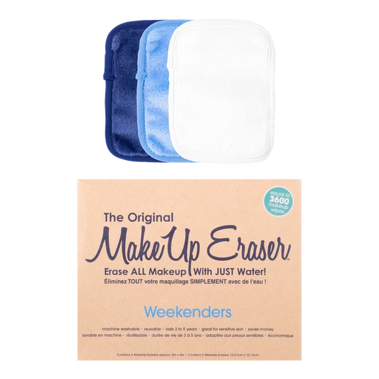Packaging of 'The Original MakeUp Eraser' Weekenders, showing three makeup erasers, two blue and one white, with text detailing product use and features.