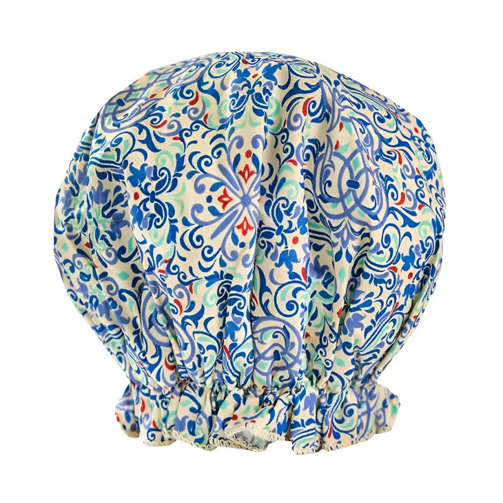 photo of shower cap with Moroccan print